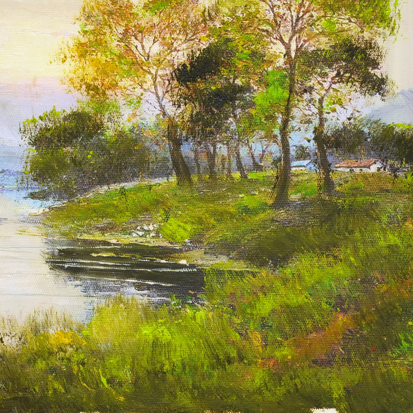 Lakeside Landscape Oil Painting with Trees - Brushwork detail
