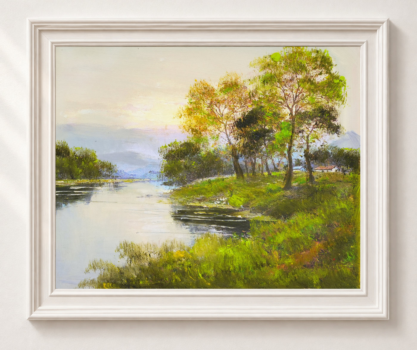 Lakeside Landscape Oil Painting with Trees - Frame example