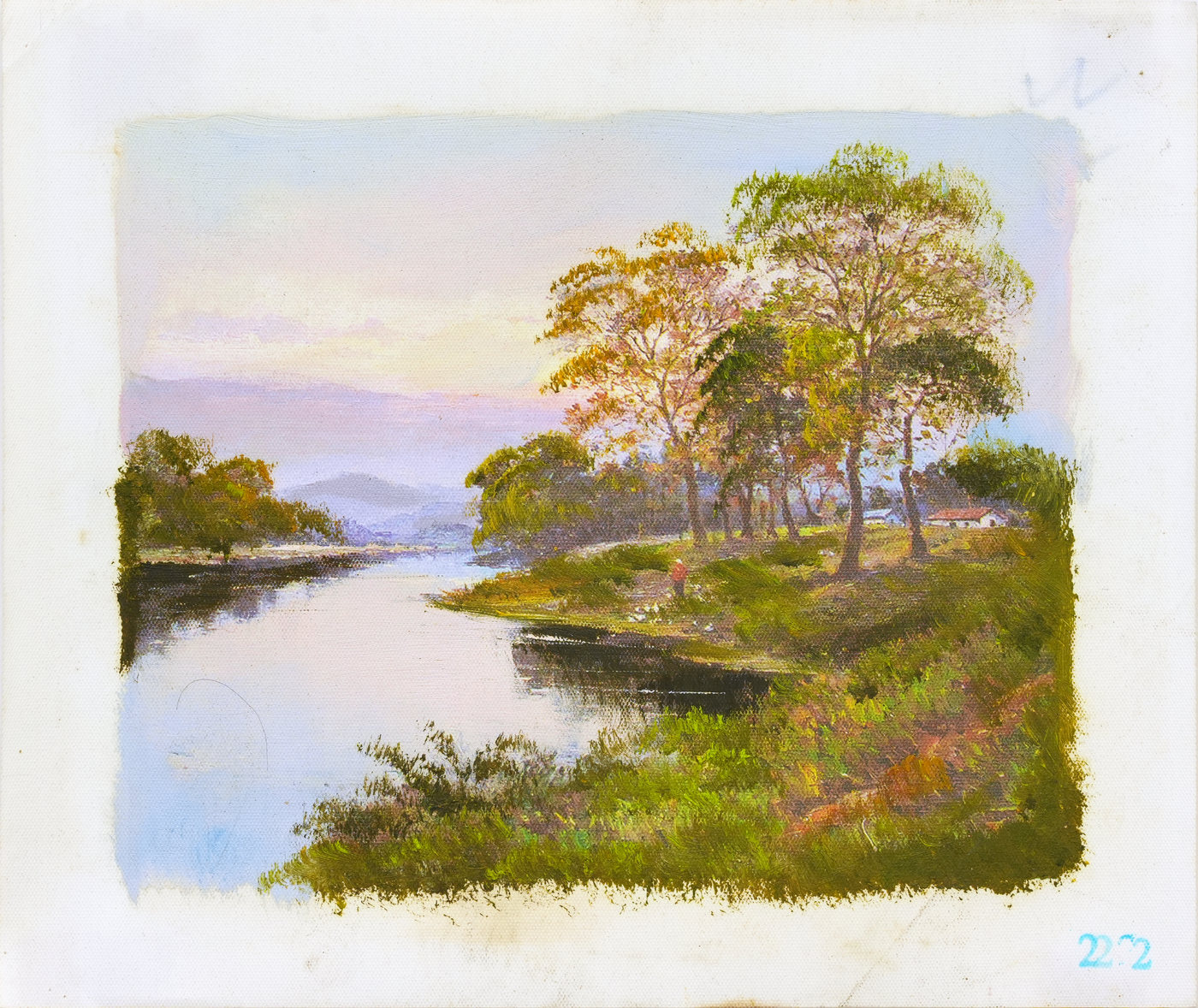 Riverbank Landscape Oil Painting with Distant Hills