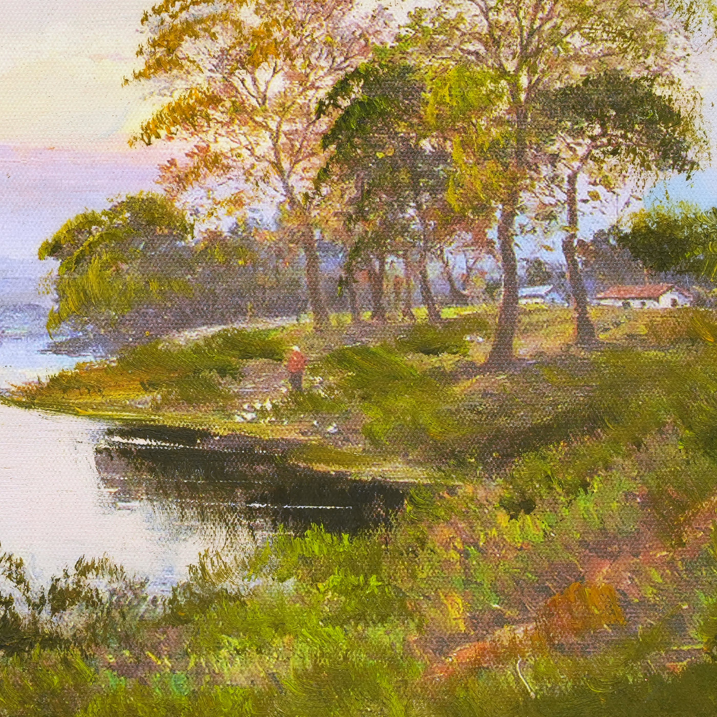 Riverbank Landscape Oil Painting with Distant Hills - Brushwork detail