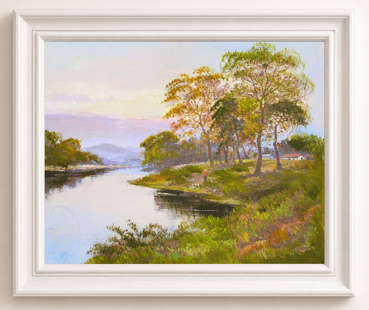 Riverbank Landscape Oil Painting with Distant Hills - Frame example
