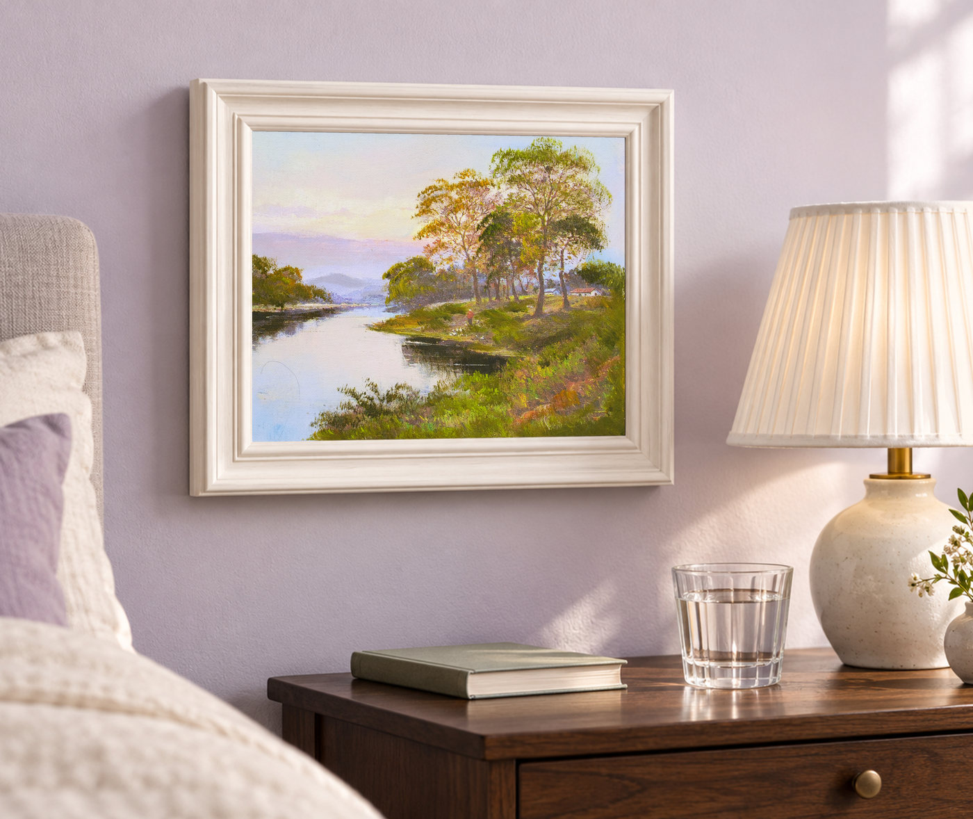 Riverbank Landscape Oil Painting with Distant Hills
