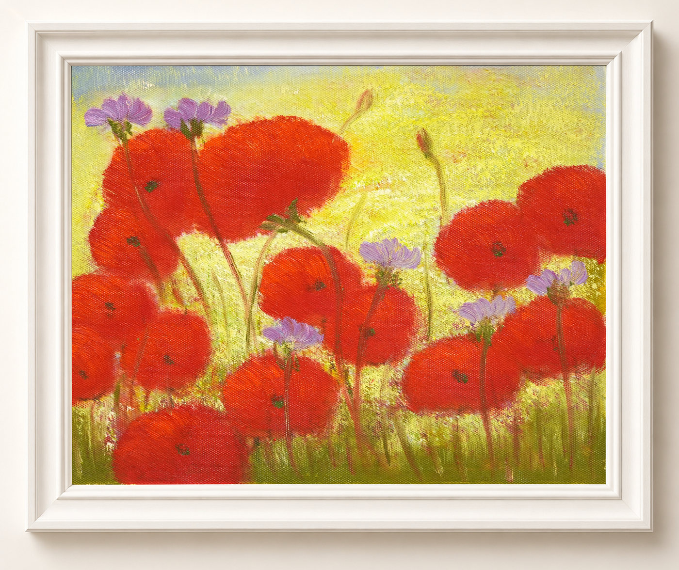 Small Red Poppy Meadow Oil Painting - Frame example