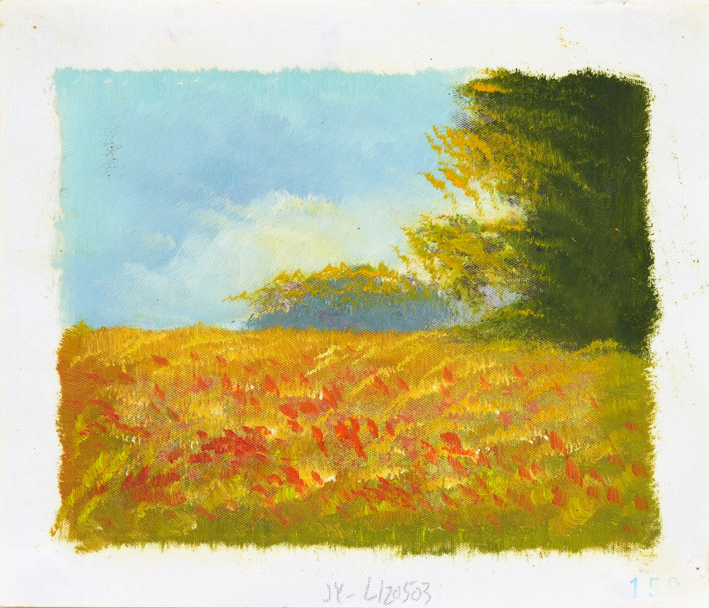 Wildflower Field Landscape Oil Painting under Blue Sky