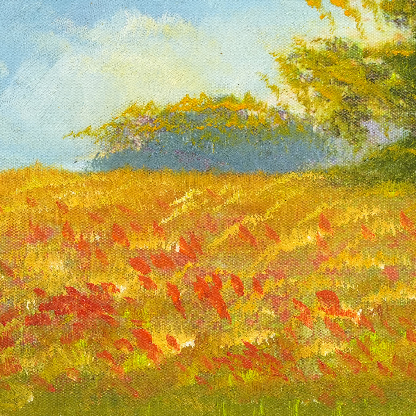 Wildflower Field Landscape Oil Painting under Blue Sky - Brushwork detail