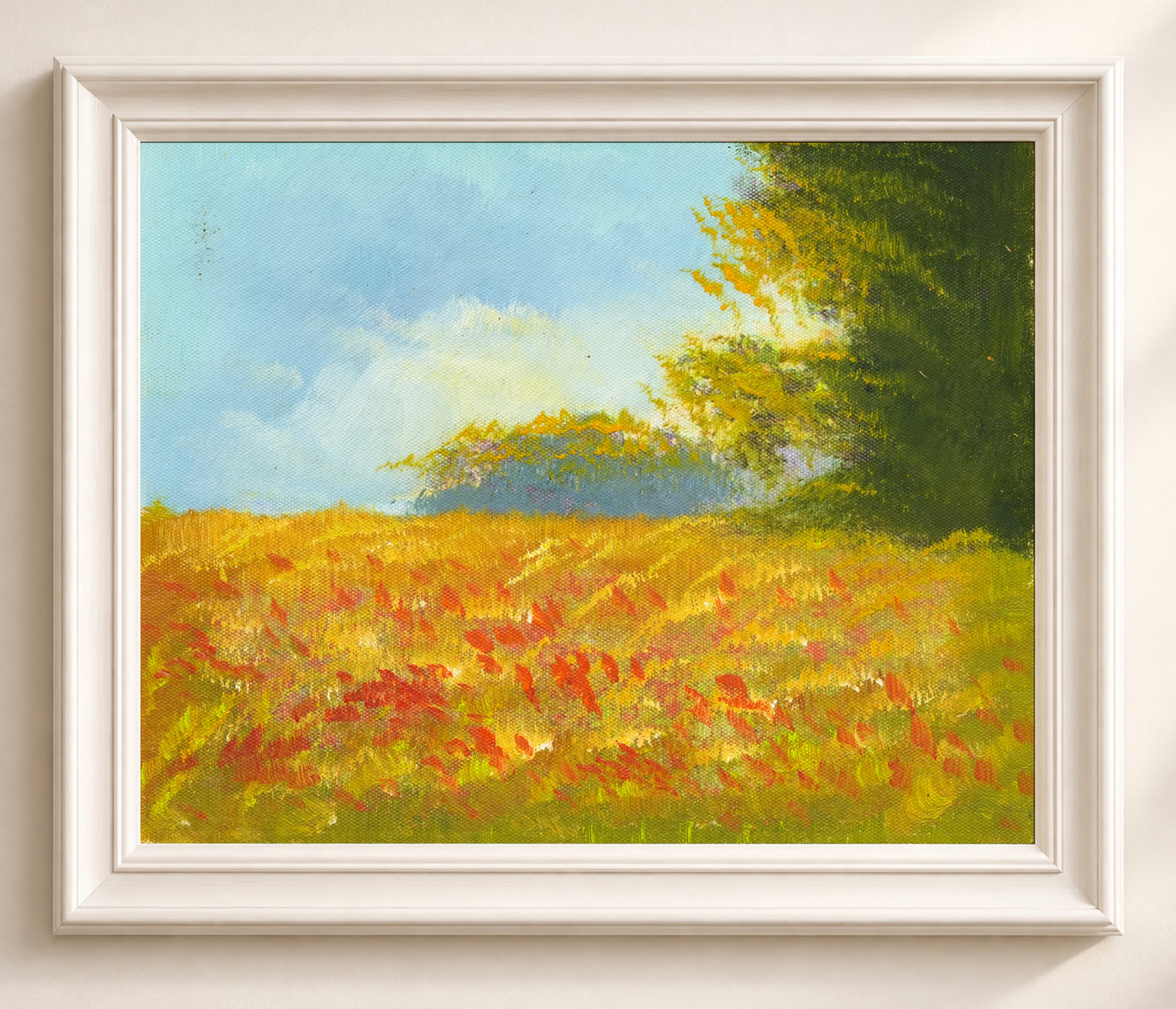 Wildflower Field Landscape Oil Painting under Blue Sky - Frame example