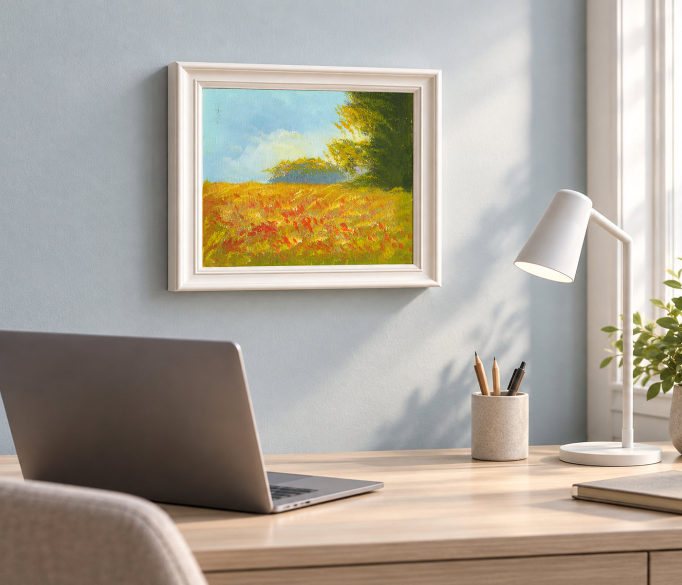 Wildflower Field Landscape Oil Painting under Blue Sky