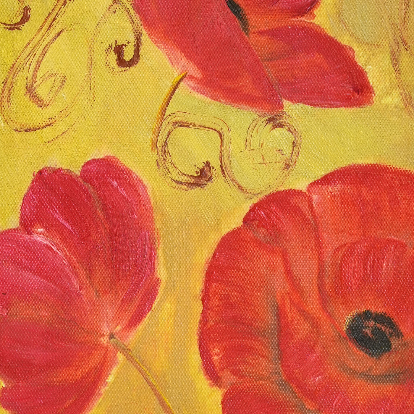 Red Poppies and Vines Floral Oil Painting - Brushwork detail