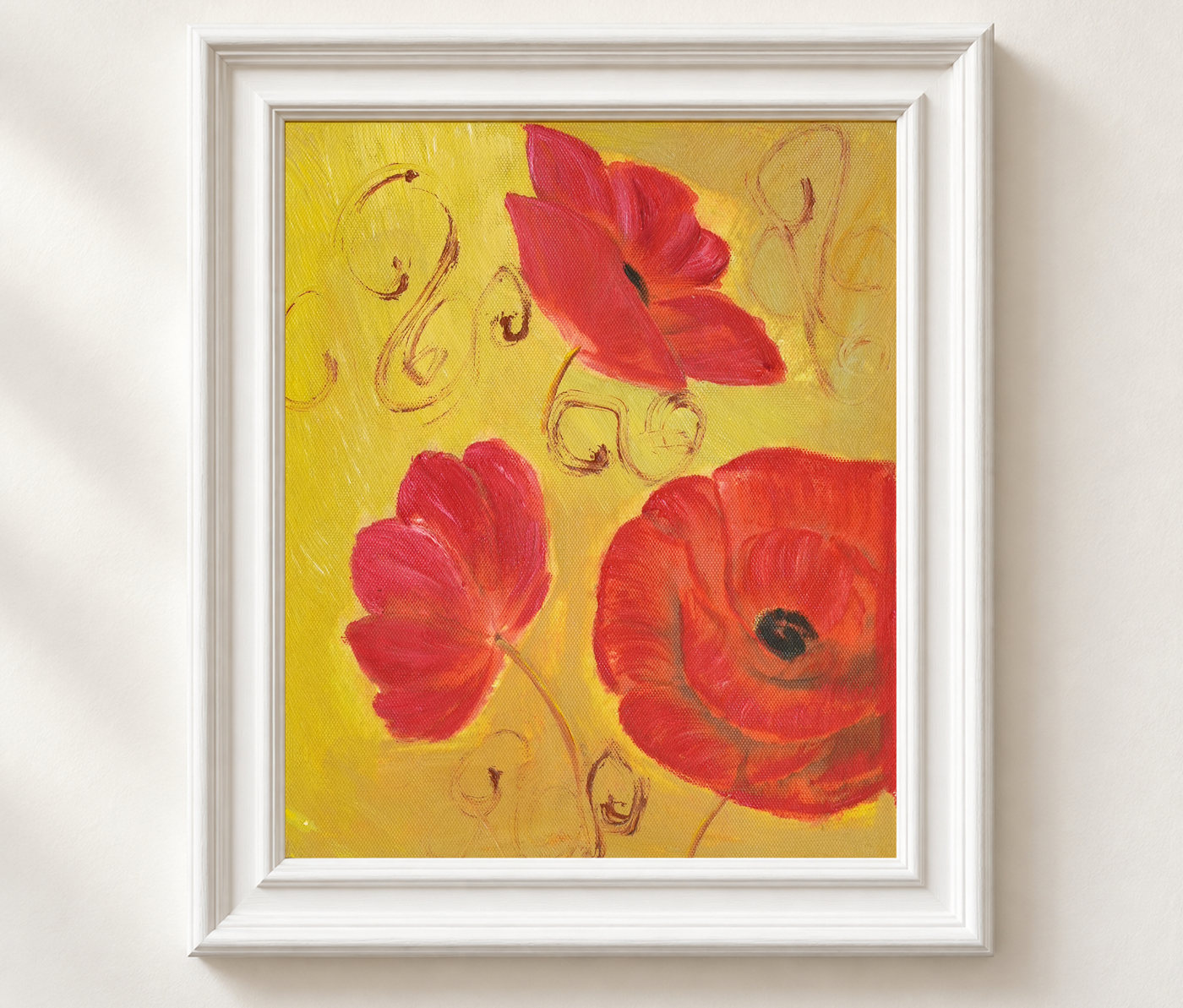 Red Poppies and Vines Floral Oil Painting - Frame example