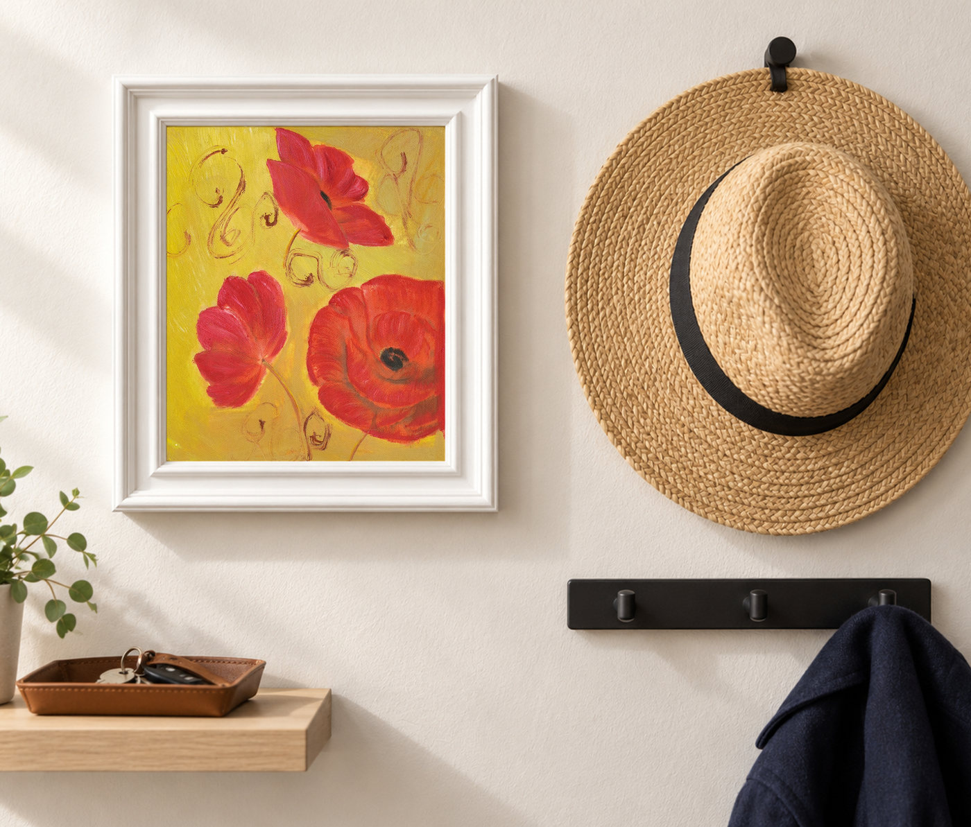 Red Poppies and Vines Floral Oil Painting