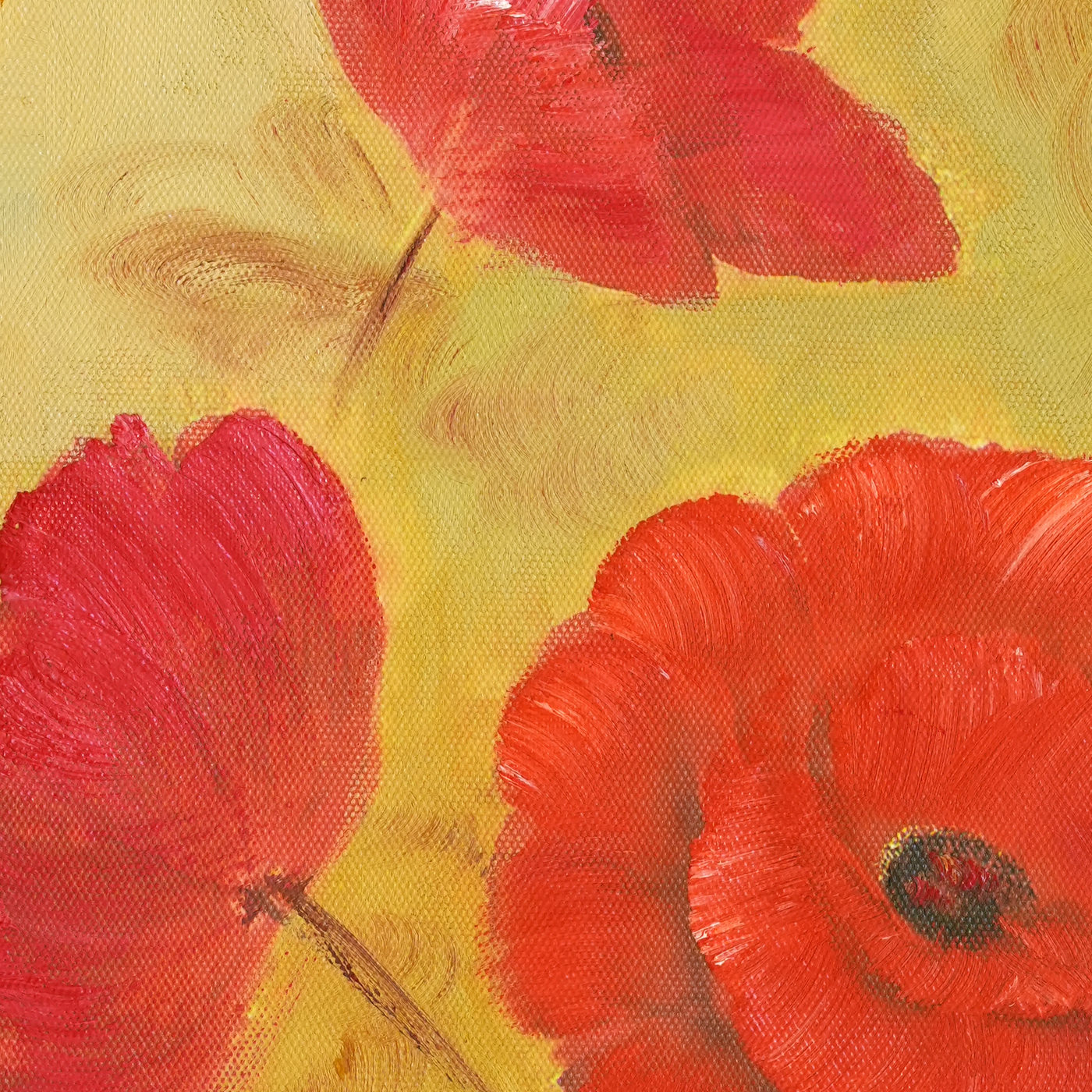 Crimson Poppy Oil Painting on a Yellow Background - Brushwork detail