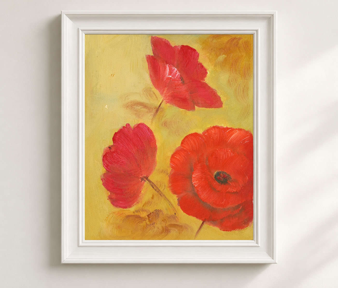 Crimson Poppy Oil Painting on a Yellow Background - Frame example