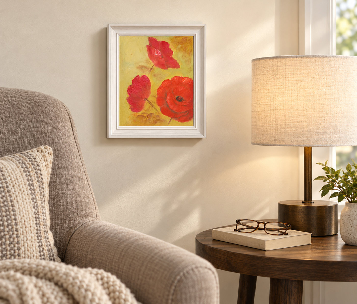 Crimson Poppy Oil Painting on a Yellow Background