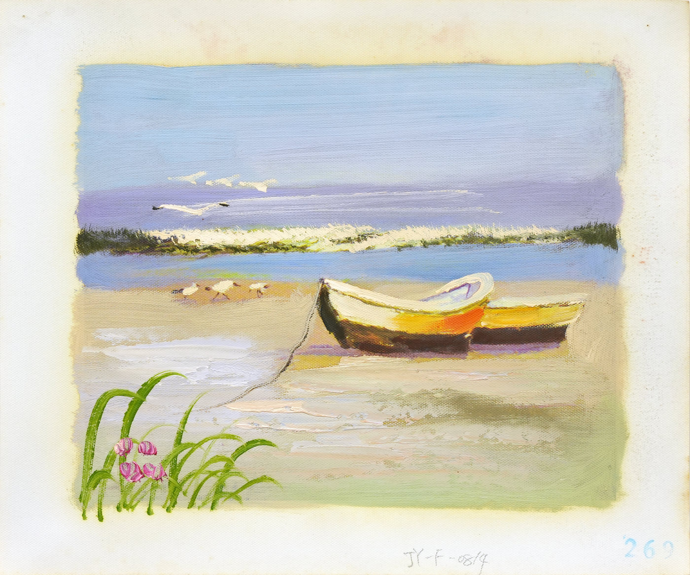 Two Rowboats on a Sandy Shore Coastal Oil Painting