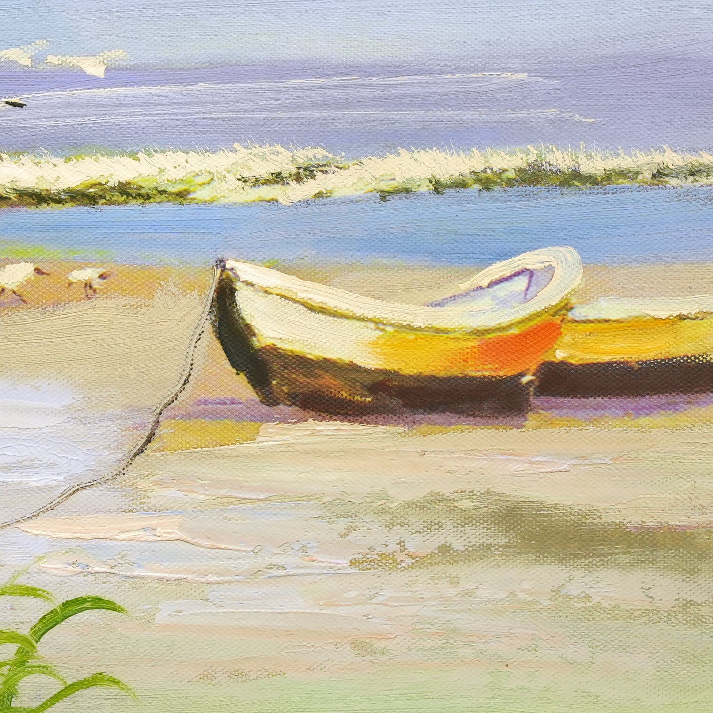 Two Rowboats on a Sandy Shore Coastal Oil Painting - Brushwork detail
