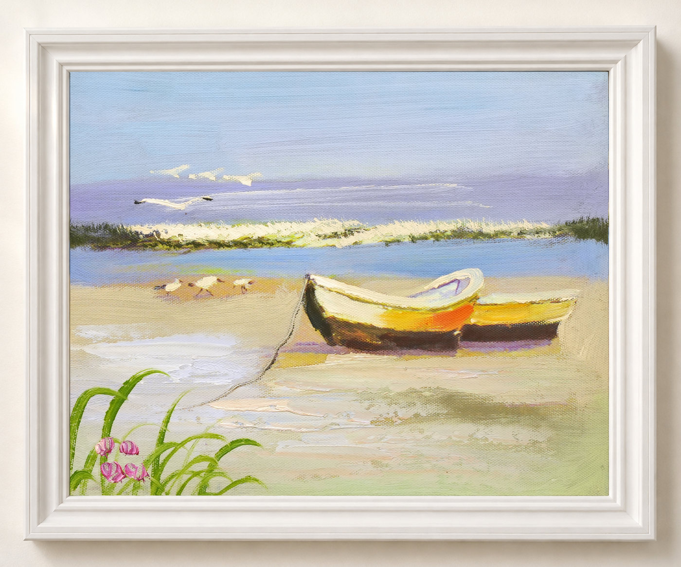 Two Rowboats on a Sandy Shore Coastal Oil Painting - Frame example