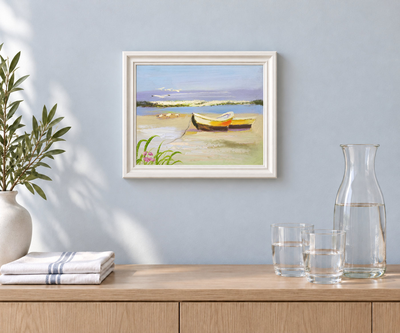 Two Rowboats on a Sandy Shore Coastal Oil Painting